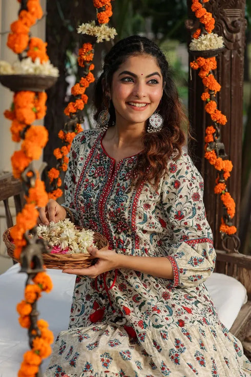 Women Cream Mix & Match Printed Anarkali Kurta, Round Neck